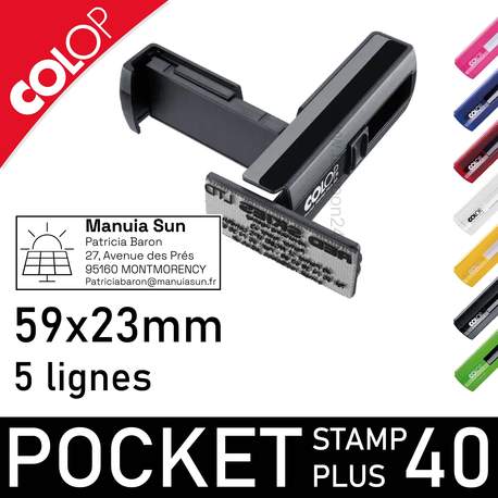 1. Tampon de poche Colop Pocket Stamp Plus 40 ouvert avec plaque texte 59x23mm